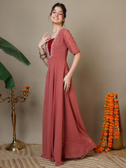 Embroidered V-Neck A-Line Ethnic Dresses