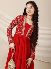 Girls Floral Embroidered A-Line Maxi Ethnic Dresses