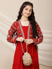 Girls Floral Embroidered A-Line Maxi Ethnic Dresses