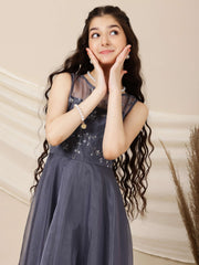 Girls Thread and Sequinned Embroidered A-Line Ethnic Dresses