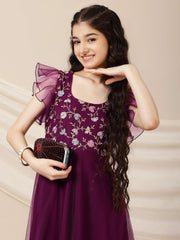 Girls Floral Embroidered A-Line Maxi Ethnic Dresses