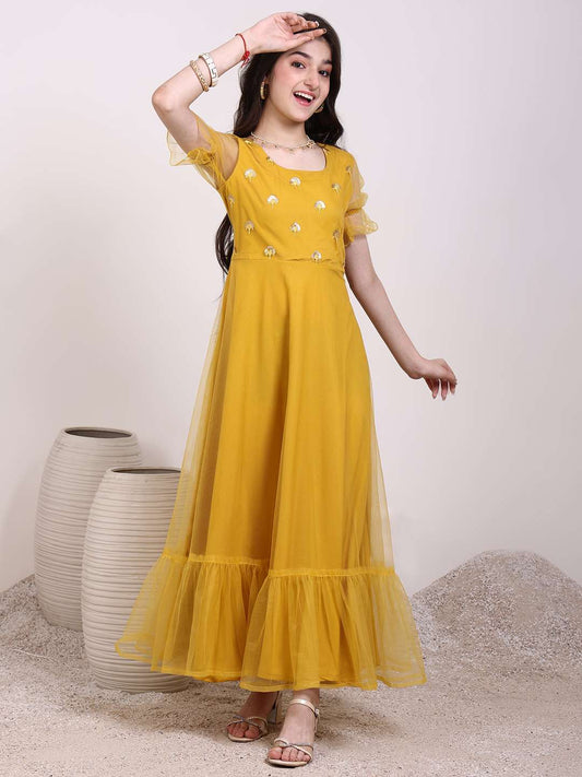 Girls Ethnic Motif Thread & Sequin Embroidered Ruffle Ethnic Dress