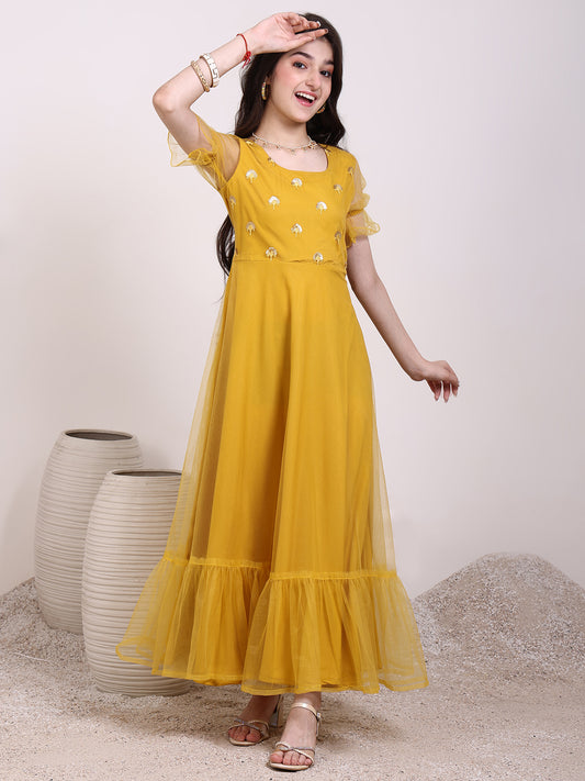 Girls Ethnic Motif Thread & Sequin Embroidered Ruffle Ethnic Dress