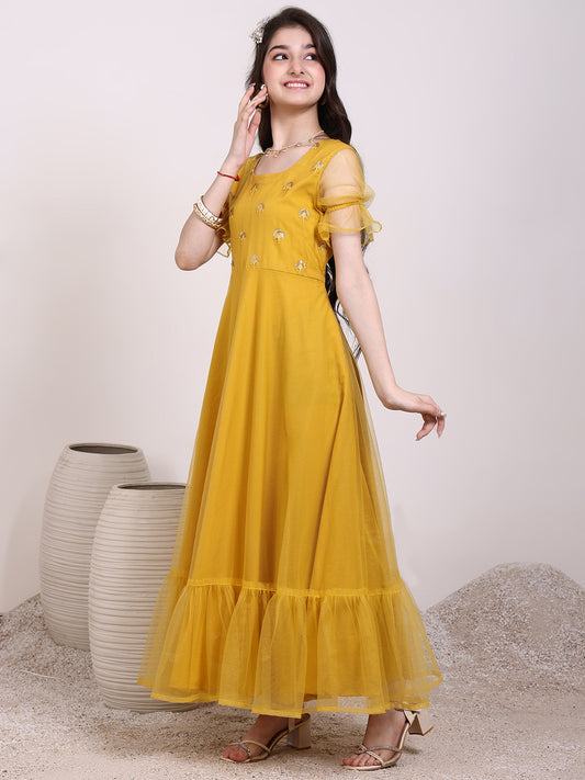 Girls Ethnic Motif Thread & Sequin Embroidered Ruffle Ethnic Dress