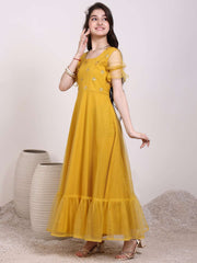 Girls Ethnic Motif Thread & Sequin Embroidered Ruffle Ethnic Dress