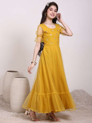 Girls Ethnic Motif Thread & Sequin Embroidered Ruffle Ethnic Dress