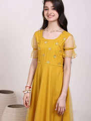 Girls Ethnic Motif Thread & Sequin Embroidered Ruffle Ethnic Dress