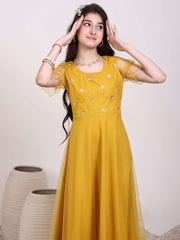 Girls Ethnic Motif Thread & Sequin Embroidered Ruffle Ethnic Dress