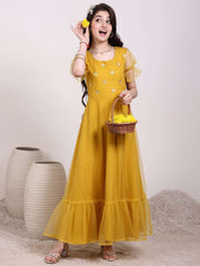 Girls Ethnic Motif Thread & Sequin Embroidered Ruffle Ethnic Dress
