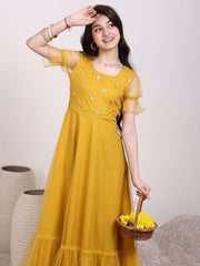 Girls Ethnic Motif Thread & Sequin Embroidered Ruffle Ethnic Dress