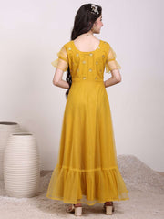 Girls Ethnic Motif Thread & Sequin Embroidered Ruffle Ethnic Dress