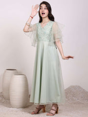 Girls Floral Thread And Sequinned Embroidered Ethnic Dress