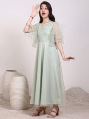 Girls Floral Thread And Sequinned Embroidered Ethnic Dress