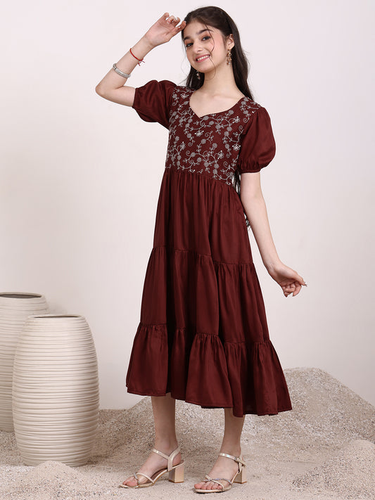 Girls Floral Thread Embroidered Gathered Ethnic Dress