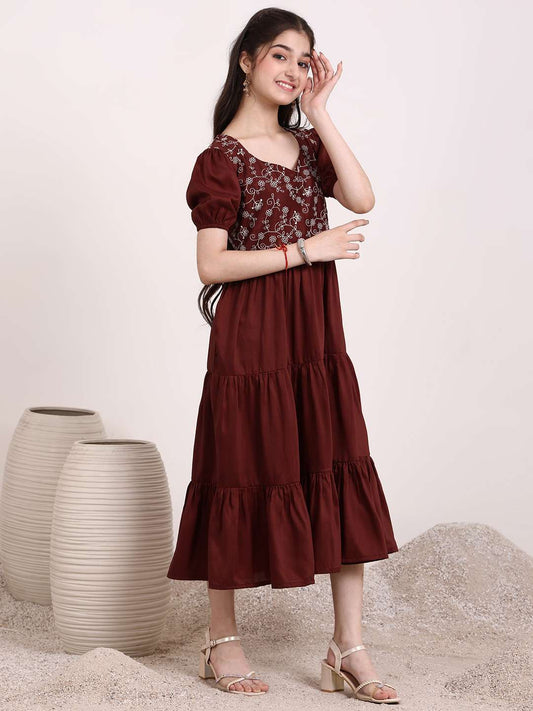 Girls Floral Thread Embroidered Gathered Ethnic Dress