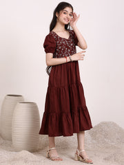 Girls Floral Thread Embroidered Gathered Ethnic Dress