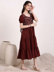 Girls Floral Thread Embroidered Gathered Ethnic Dress