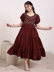 Girls Floral Thread Embroidered Gathered Ethnic Dress