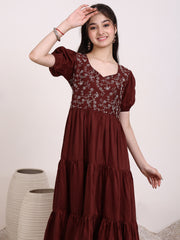 Girls Floral Thread Embroidered Gathered Ethnic Dress