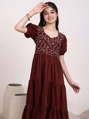 Girls Floral Thread Embroidered Gathered Ethnic Dress