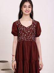 Girls Floral Thread Embroidered Gathered Ethnic Dress