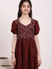 Girls Floral Thread Embroidered Gathered Ethnic Dress