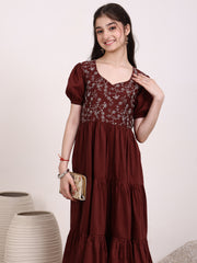 Girls Floral Thread Embroidered Gathered Ethnic Dress