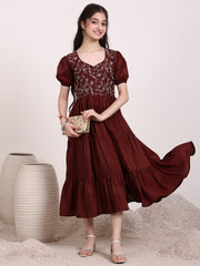 Girls Floral Thread Embroidered Gathered Ethnic Dress