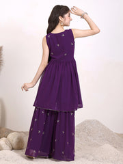 Girls Embroidered Yoke Design Pleated Georgette A-Line Kurti With Sharara