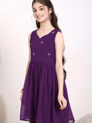 Girls Embroidered Yoke Design Pleated Georgette A-Line Kurti With Sharara