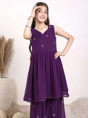 Girls Embroidered Yoke Design Pleated Georgette A-Line Kurti With Sharara