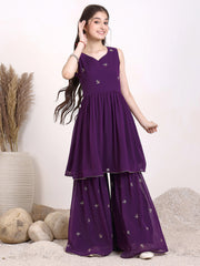 Girls Embroidered Yoke Design Pleated Georgette A-Line Kurti With Sharara