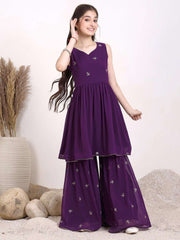 Girls Embroidered Yoke Design Pleated Georgette A-Line Kurti With Sharara