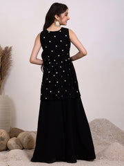 Girls Floral Embroidered Georgette Pleated Keyhole Neck A-Line Kurta With Palazzos