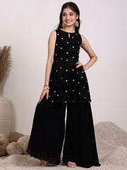 Girls Floral Embroidered Georgette Pleated Keyhole Neck A-Line Kurta With Palazzos