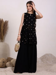 Girls Floral Embroidered Georgette Pleated Keyhole Neck A-Line Kurta With Palazzos