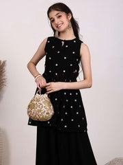 Girls Floral Embroidered Georgette Pleated Keyhole Neck A-Line Kurta With Palazzos