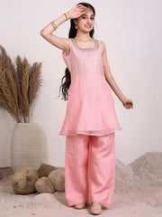 Girls Chevron Embroidered A-Line Kurta With Palazzos