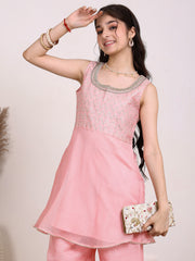 Girls Chevron Embroidered A-Line Kurta With Palazzos