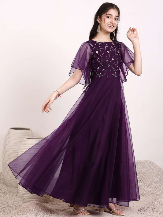 Girls Floral Zari Embroidered Flared Ethnic Dress