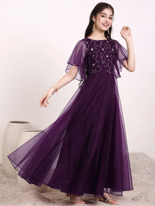 Girls Floral Zari Embroidered Flared Ethnic Dress