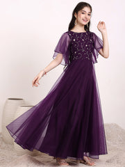 Girls Floral Zari Embroidered Flared Ethnic Dress