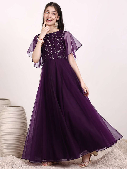 Girls Floral Zari Embroidered Flared Ethnic Dress