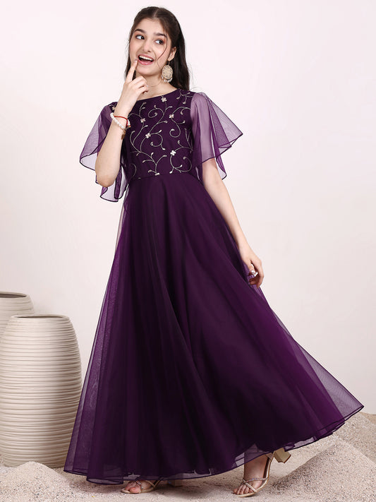 Girls Floral Zari Embroidered Flared Ethnic Dress