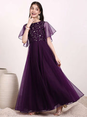 Girls Floral Zari Embroidered Flared Ethnic Dress