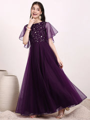 Girls Floral Zari Embroidered Flared Ethnic Dress