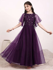 Girls Floral Zari Embroidered Flared Ethnic Dress