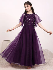 Girls Floral Zari Embroidered Flared Ethnic Dress