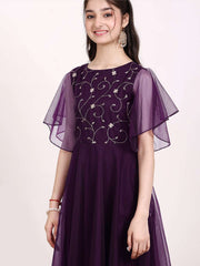 Girls Floral Zari Embroidered Flared Ethnic Dress