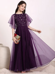 Girls Floral Zari Embroidered Flared Ethnic Dress